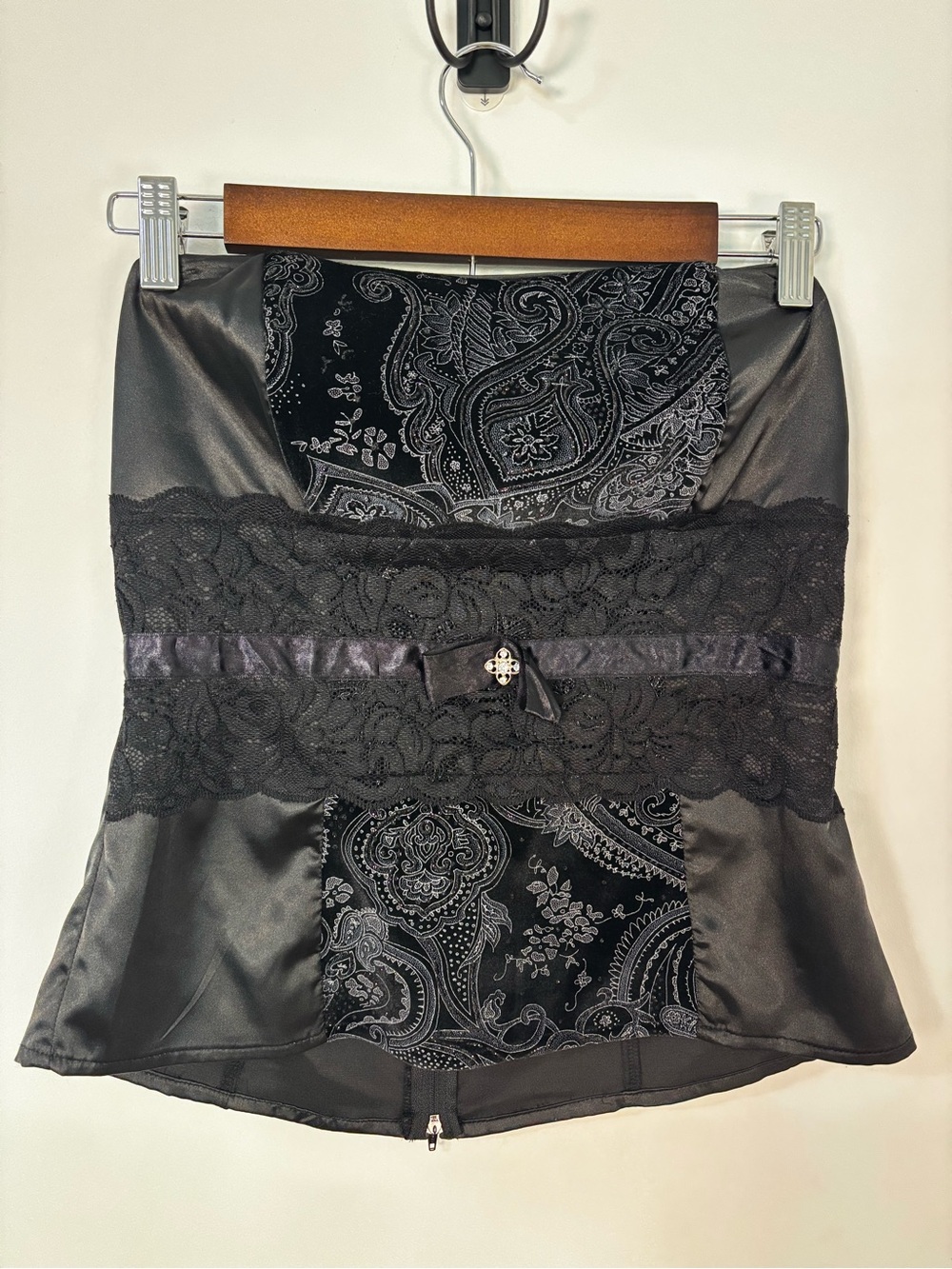 Studio Y Y2K Black Paisley Satin Lace Corset Bustier Top Size M Whimsigoth Fairy